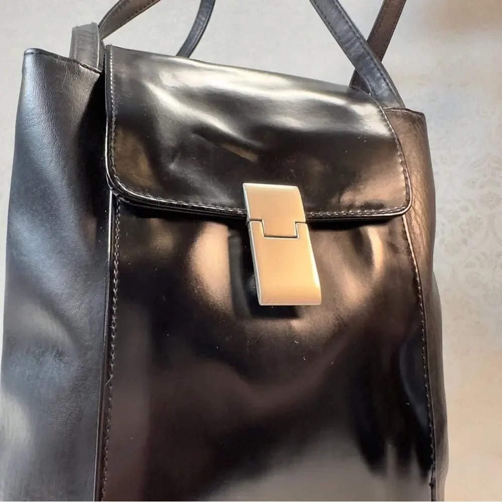 Faux Leather Sleek Black Shoulder Bag Silver Hardware